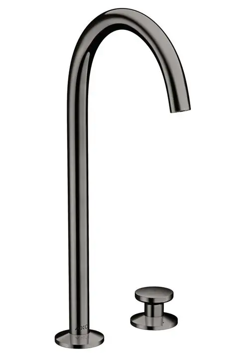 Waschtischmischer in glänzendem Schwarzchrom von AXOR mit hohem Bogen und separatem Push-Open Ablaufgarnitur, geeignet für moderne Badezimmer.